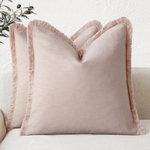 Decorative Linen Fringe Throw Pillow Covers 22×22 Light Pink (2 Count)