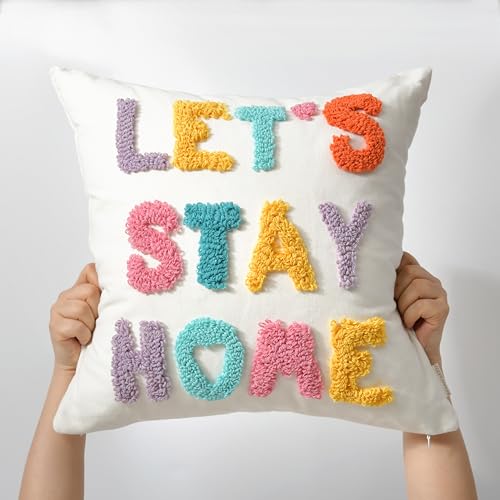 Boho Pillow Covers 18 * 18 Inch Handcrafted Loop Yarn Lettering