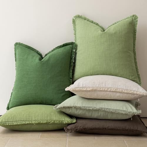 Boho Linen Fringe Lumbar Throw Pillow Covers 12×20 Lime Green (2 Count)