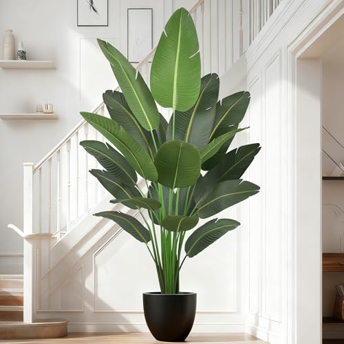 Artificial Bird of Paradise Tree 7FT 19 Thick Matte Texture Leaves Tall Large Fake Faux Tropical Traveler's Palm Banana Leaf Plant 84 Inch Black Pot for Indoor Home Office Poolside Decor