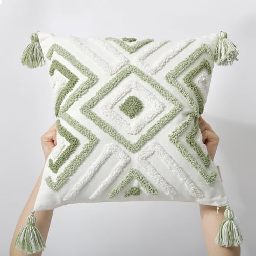 Boho Pillow Covers 18X18 Inch Boho Tufted Throw Pillow Covers Decorative Tassels Cushion Cover Farmhouse Pillow Case for Couch Sofa Bed Living Room Bedroom