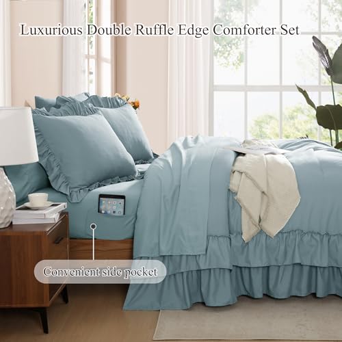 Full Size Comforter Set Dusty Blue Ruffle 7 Pieces Farmhouse Bed in a Bag
