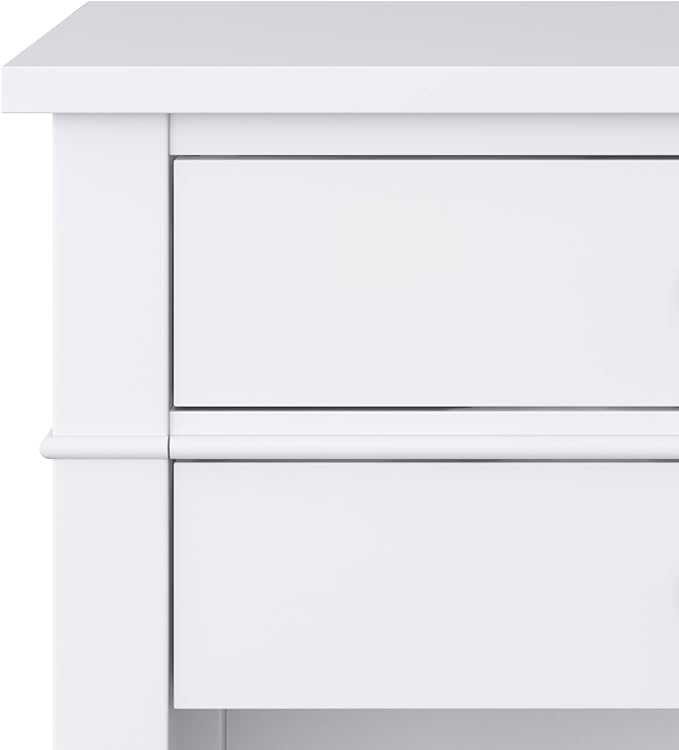 SIMPLIHOME Carlton Bedside Table - 24 inch Wide Solid Wood Nightstand Table in White, Transitional Bedroom Side or End Table with 2 Drawers, Open Storage Shelf and Bronze Hardware