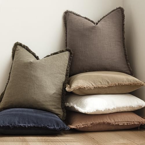 Decorative Linen Fringe Throw Pillow Covers 20×20 Light Coffee (2 Count)