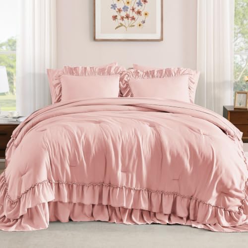King Size Comforter Set Rosewater Ruffle 7 Pieces Farmhouse Bed in a Bag