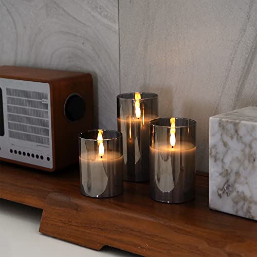 Gray Glass Flameless LED Candles Battery Operated with Remote Timer (3 Count)