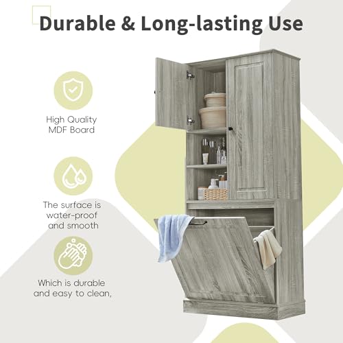68" Tall Bathroom Storage Cabinet with Two Doors and Laundry Hamper for Home Display Organizer