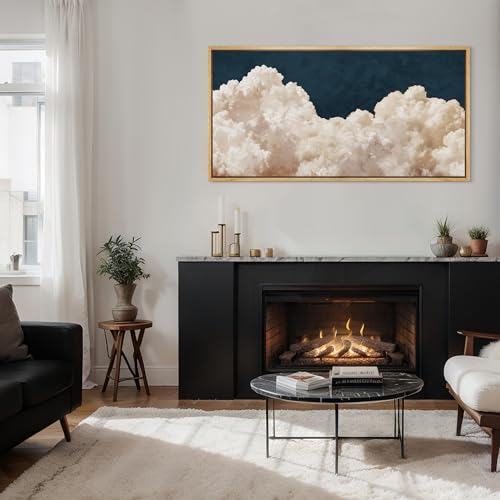 Extra Large Framed Canvas Print Wall Art Cumulus Clouds Panoramic Dramatic Skyline Illustrations Antique Retro Fine Art Illustrations Decorative Colorful for Bedroom