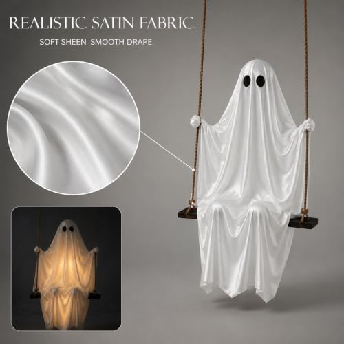 Halloween Ghost Decorations 2026 New 5 FT Large Hanging Swing Ghost with Warm LED Lights Inside