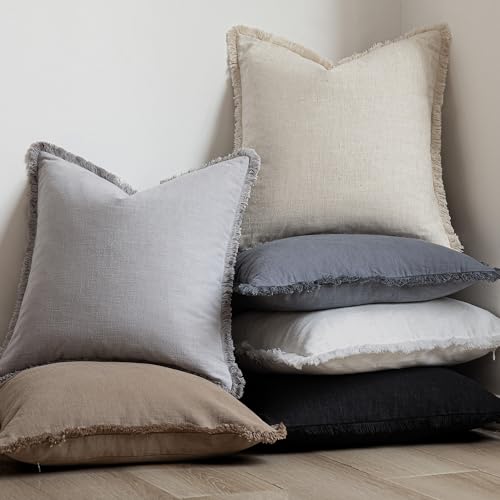 Decorative Linen Fringe Throw Pillow Covers 24×24 Light Gray (2 Count)