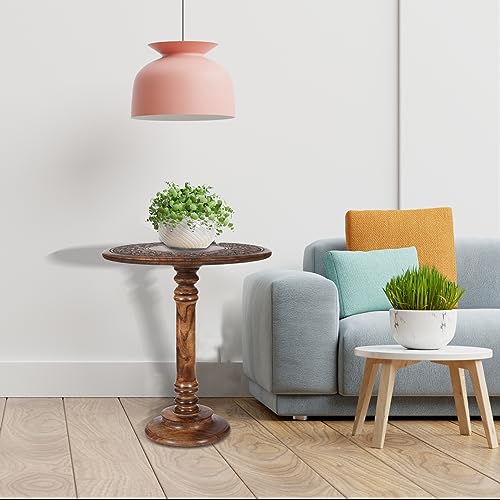 Lightnpro Hand‑Carved Round Pillar Mango Wood Accent Table 18x22 Inch Burnt Finish