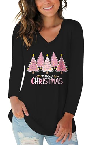 Christmas Pine Trees Shirts for Women Long Sleeve Merry Christmas Letter Print T