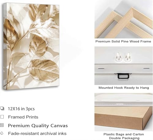 3 Pcs Modern White Gold Floral Leaves Canvas Wall Art 16x24in (3 Count)