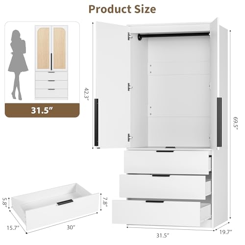 70" Wardrobe Armoire Wooden Closet with 3 Drawers