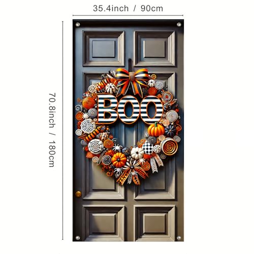 Halloween Door Cover Spiders Swirl Ribbon 35x71 Inch Polyester