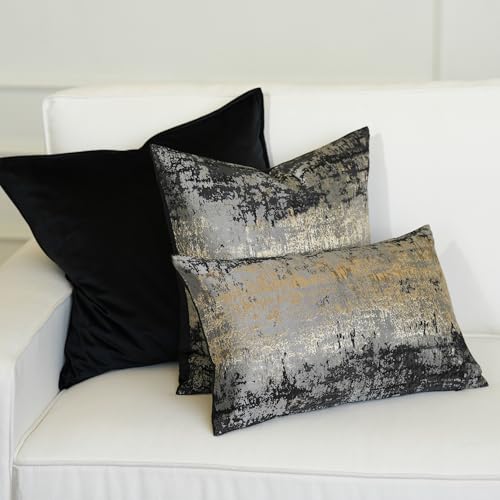 Charcoal Champagne Metallic Jacquard Pillow Covers 18x18 Pack of 2 Velvet Back Modern Glam Sofa Decor (2 Count)