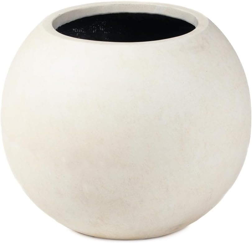 Ash & Ember Onyx 24" D Ceramic Indoor Outdoor Round Sphere Planter, Satin Ivory, Home Décor Evergreen Weather Resistant Modern Planter Pot, Seamless Herb & Seasonal Flower Garden Box
