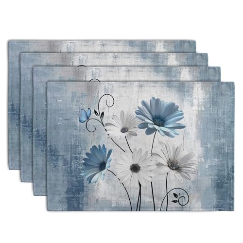 Daisy Placemats Set of 4 Blue Grey Rustic Vintage Floral Table Place Mats 12x18 Inch Seasonal Flower Spring Summer Linen Placemat for Party Kitchen Dining Outdoor Indoor Decor (4 Count)