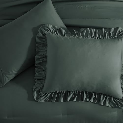 Full Size Comforter Set Forest Green Ruffle 7 Pieces Farmhouse Bed in a Bag