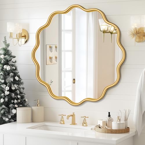 Gold Round Mirror 28 Inch Wavy Bathroom Vanity Mirror Gold Frame Modern Wall Mirror Decorative Wall