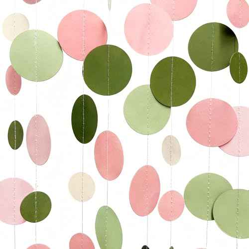Sage Green and Dusty Pink Polka Dots Garlands Olive Green Dusty Rose Beige Hanging Paper Circle Dots Streamer for Girls Birthday Wedding Shower Engagement Bachelorette Party Decorations Supplies