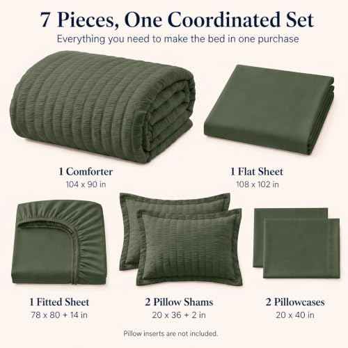 King Size Comforter Set 7 Pieces Dark Green Seersucker Bed in a Bag