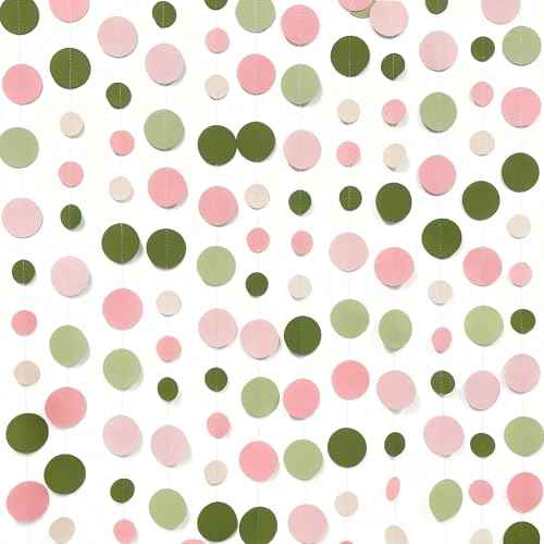 Sage Green and Dusty Pink Polka Dots Garlands Olive Green Dusty Rose Beige Hanging Paper Circle Dots Streamer for Girls Birthday Wedding Shower Engagement Bachelorette Party Decorations Supplies