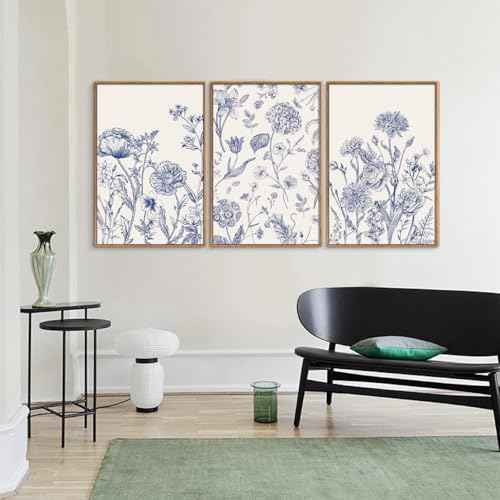 Large Classic Chinoiserie Flower Framed Canvas Wall Art Set (3 Count)