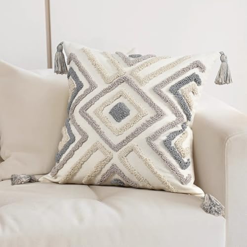 Boho Pillow Covers 18X18 Inch Boho Tufted Throw Pillow Covers Decorative Tassels Cushion Cover Farmhouse Pillow Case for Couch Sofa Bed Living Room Bedroom