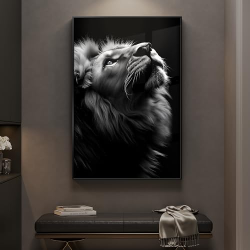 Framed Modern Black and Gray Lion Animal Wall Art