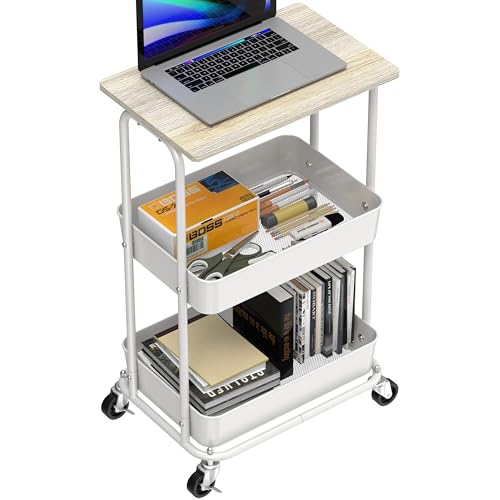 2 Tier Rolling Utility Cart Wood Top