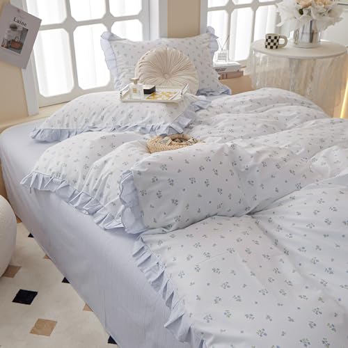 Blue Floral Comforter Set Twin XL Botanical Ruffle Bedding Comforter Fluffy Soft Aesthetic Coquette Bedding Set Girls Cottagecore Blue Flowers Comforter Set with 2 Pillowcases for All Seasons