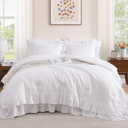 Full Size Comforter Set White Ruffle 7 Pieces Farmhouse Bed in a Bag