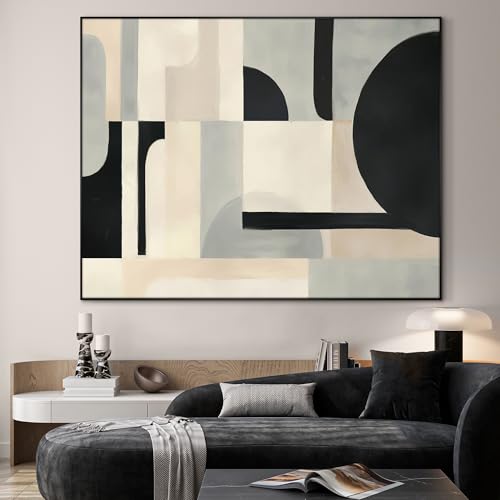 46"x60" Extra Large Framed Wall Art Modern Neutral Abstract Geometric in Black and Beige