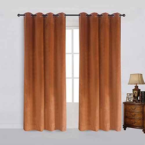 Super Soft Rustic Velvet Decor Blackout Drapes Room Darkening Curtains Panel Metallic Grommet Drapery 52 by 72 Inch Caramel Cafe