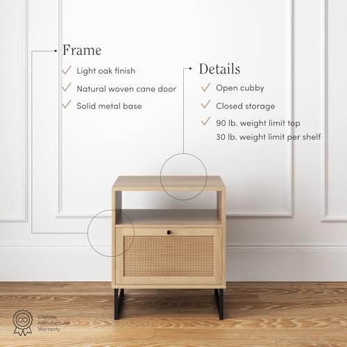 Mina Rattan Wood End Side Accent Table Nightstand with Storage for Living Room or Bedroom