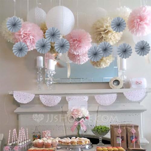 Gray Party Decorations 8in Hanging Paper Fans DIY Set 10Pcs (30 Count)