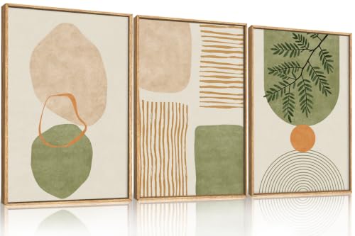 Boho Sage Green Geometric Framed Canvas Wall Art Set