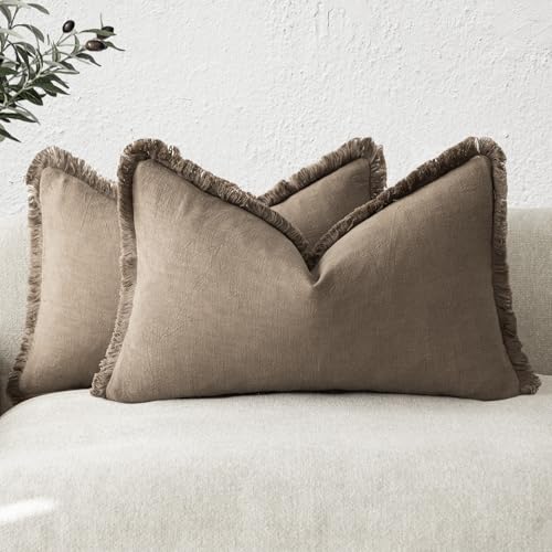 Boho Linen Fringe Lumbar Throw Pillow Covers 12×20 Light Brown (2 Count)