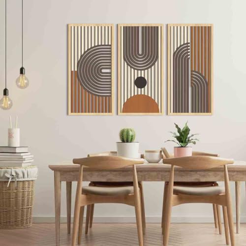 Mid Century Modern Decor 16x32 Inch Large Boho Wood Wall Art Abstract Wooden Wall Decor Minimalist Bohemian Orange Artwork for Living Room Bedroom Office Set of 3 (3 Count)