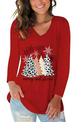 Women Casual Merry Christmas Shirt Fun Leopard Tree T