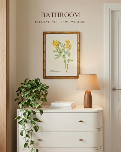 Gold Bamboo Framed Botanical Wall Art Golden Pea Flower 11x14 Inch