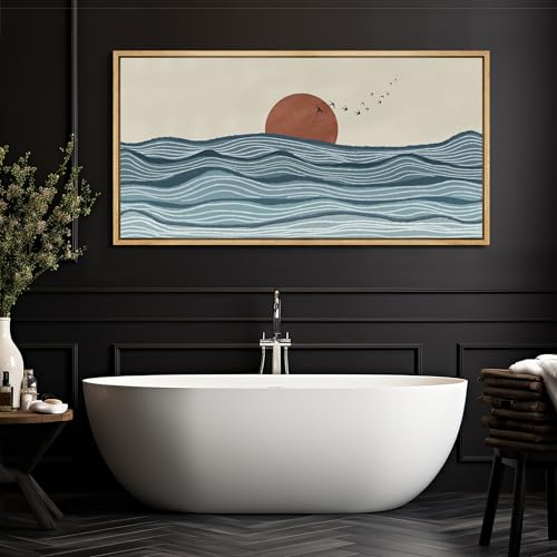 Extra Large Framed Canvas Print Wall Art Calm Seascape Ocean Waves and Setting Sun Illustrations Antique Retro Fine Art Illustrations Decorative Colorful for Bedroom