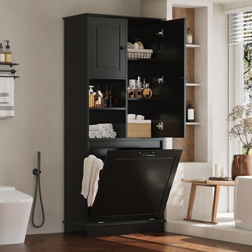 68" Tall Bathroom Storage Cabinet with Two Doors and Laundry Hamper for Home Display Organizer