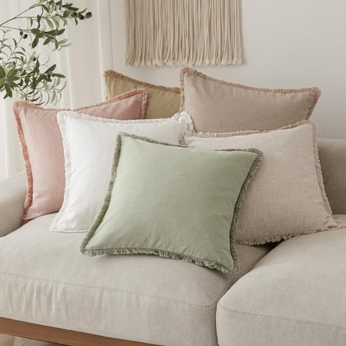 Decorative Linen Fringe Throw Pillow Covers 16×16 Light Green (2 Count)
