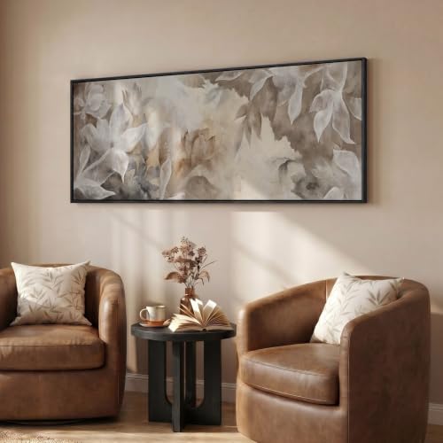 Large Framed Brown Beige Floral Abstract Wall Art for Living Room