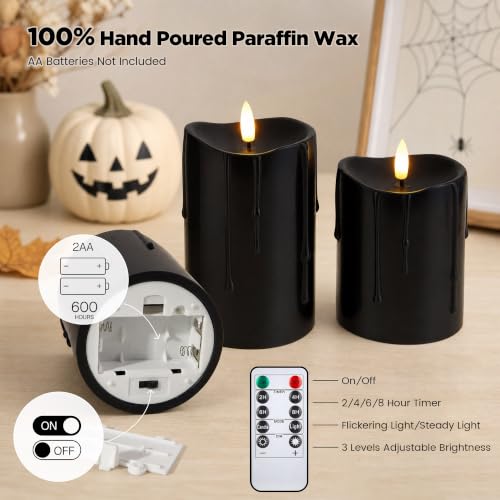 Black Real Wax Dripping Halloween Flameless Pillar Candles with Remote (3 Count)