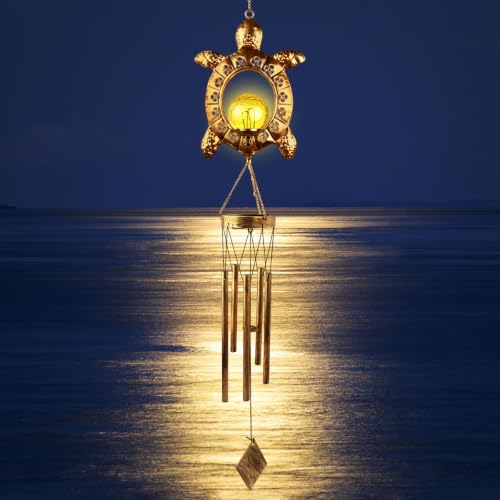 Sea Turtle Solar Lights Outdoor Decor Crackle Glass Ball Solar Turtle Wind Chimes for Outside Unique Gifts for Women Birthday Gardening Gift Housewarming Ornament for Patio Yard Garden Decor