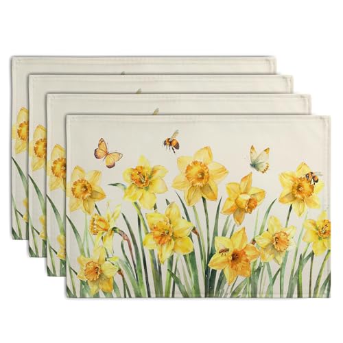 Spring Daffodils Placemats Set of 4 Watercolor Yellow Flower Table Mats Summer Farmhouse Floral Heat Resistant Washable Placemat for Party Kitchen Dining Table Decor Indoor Outdoor 12x18 Inch (4 Count)