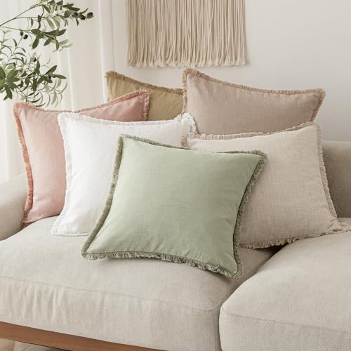 Decorative Linen Fringe Throw Pillow Covers 26×26 Light Green (2 Count)